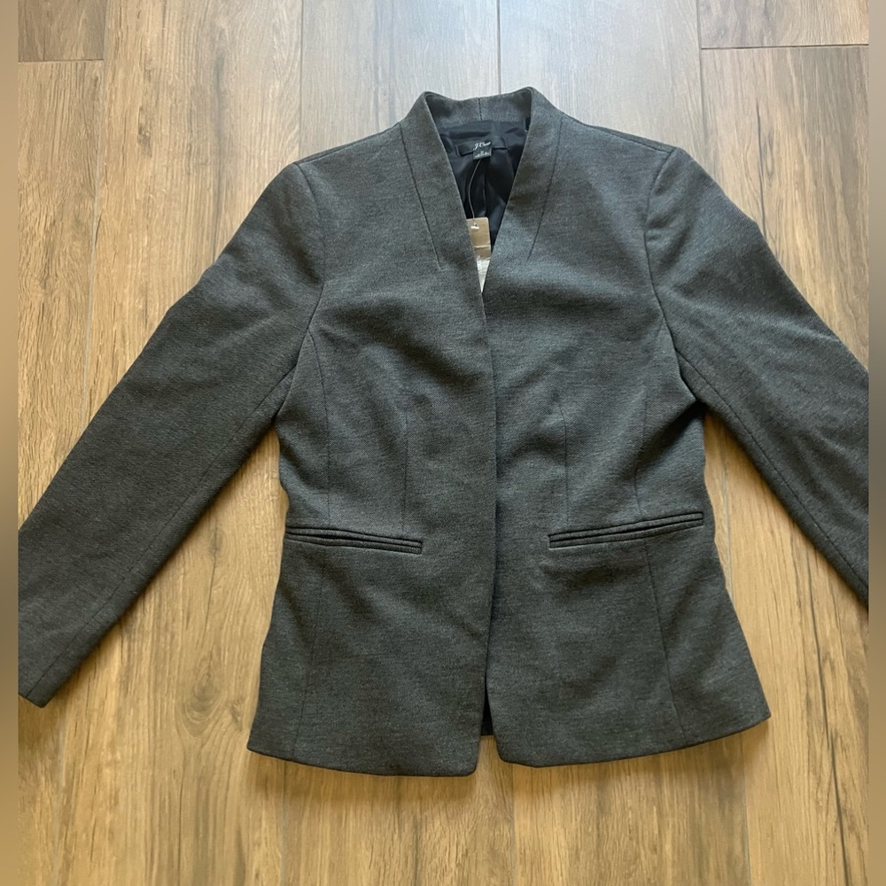 J Crew 365 Going Out Blazer Size 6 Gray Open Front Twill Stretch Pink Roping